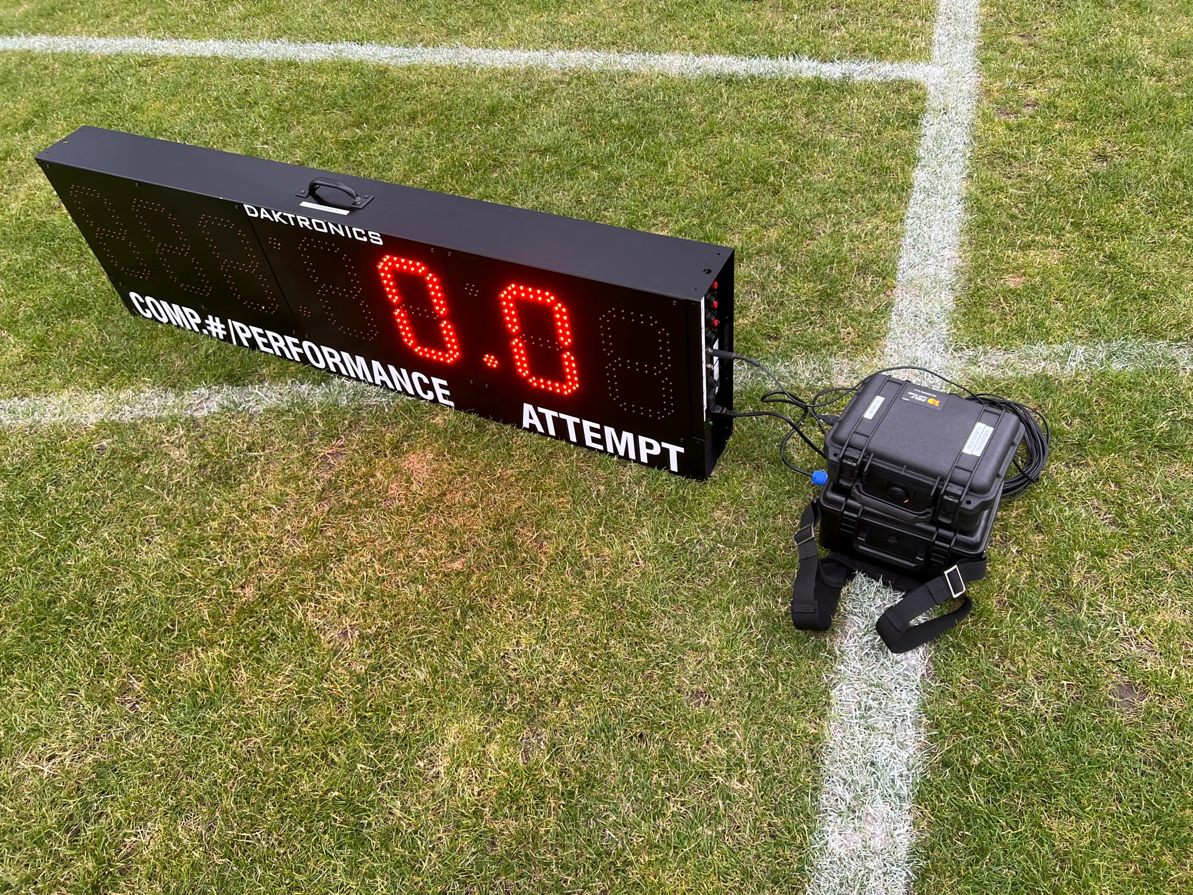 Daktronics field display showing 0.0 next to the sand pit