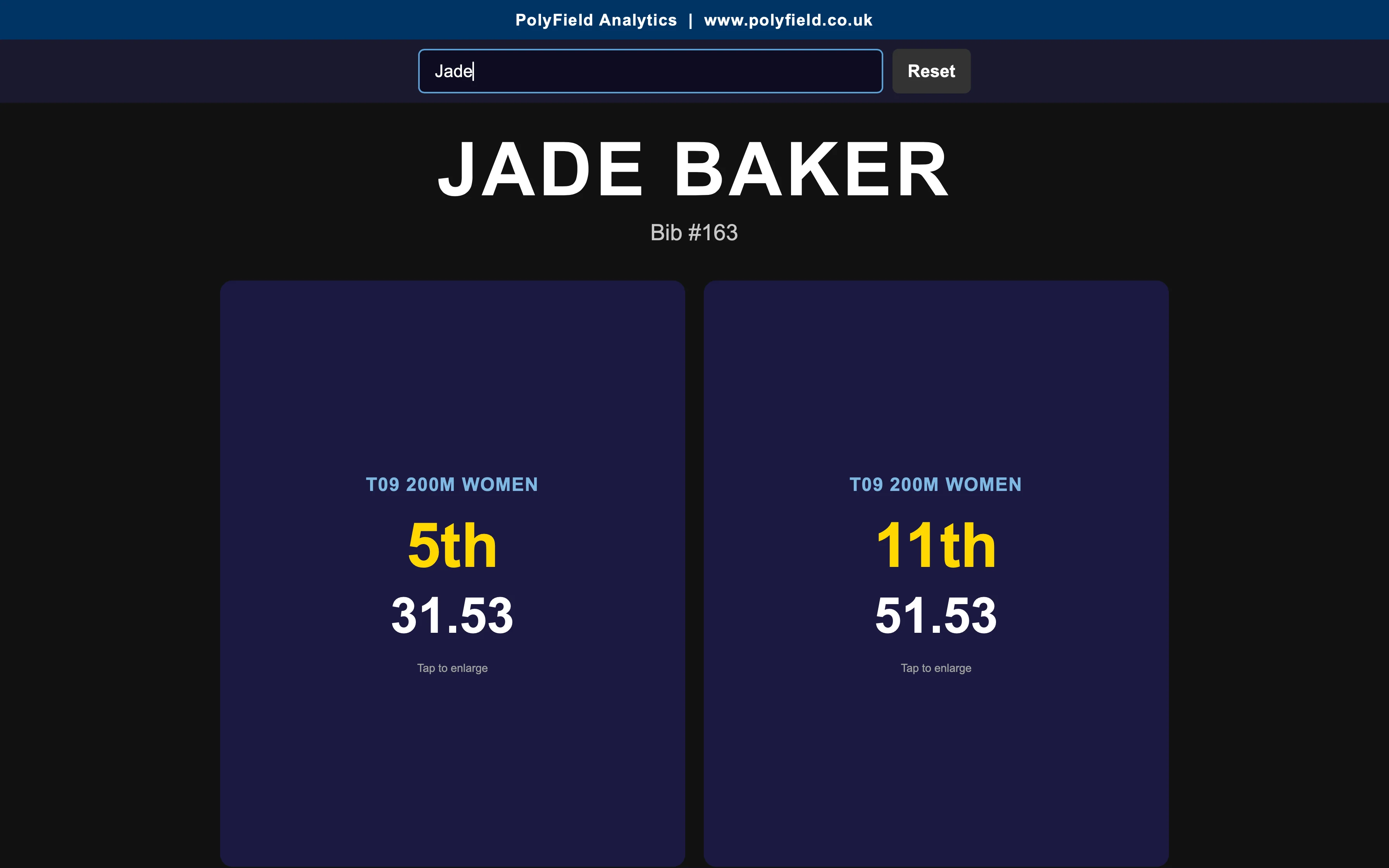Self-service athlete kiosk for Jade Baker showing 5th in 31.53 and 11th in 51.53