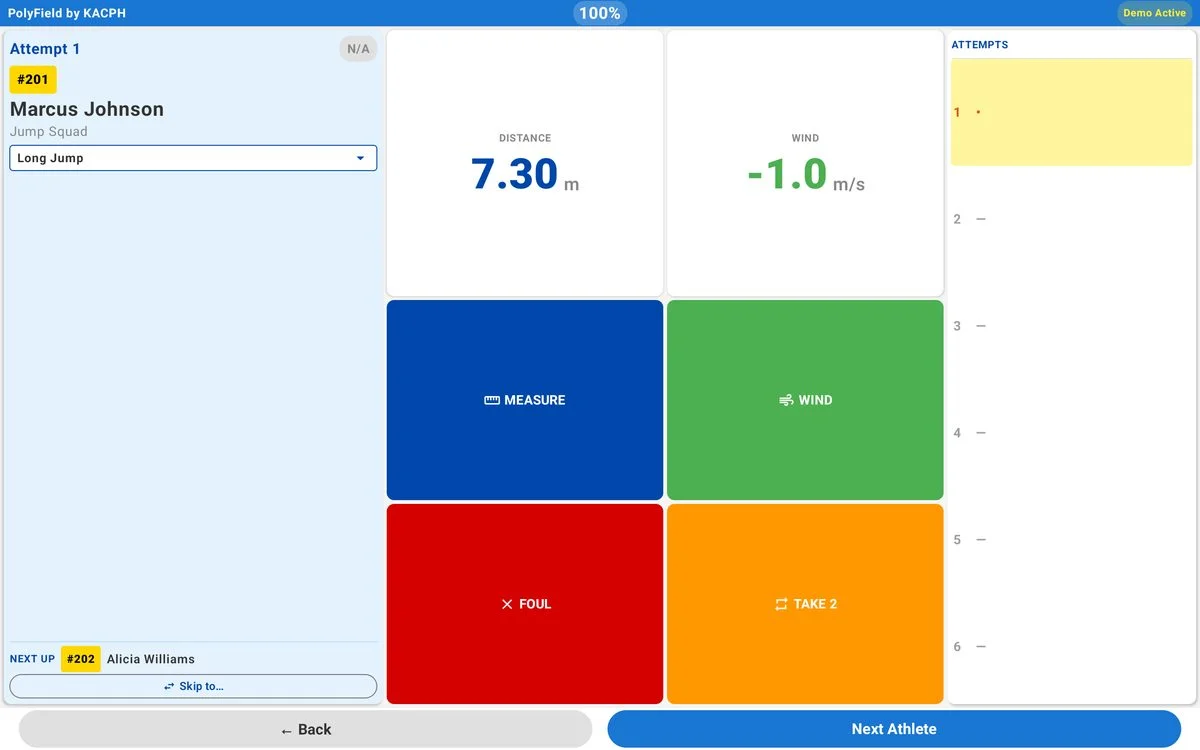 Long jump measuring screen: Marcus Johnson, 7.30 metres with a wind of minus 1.0 metres per second