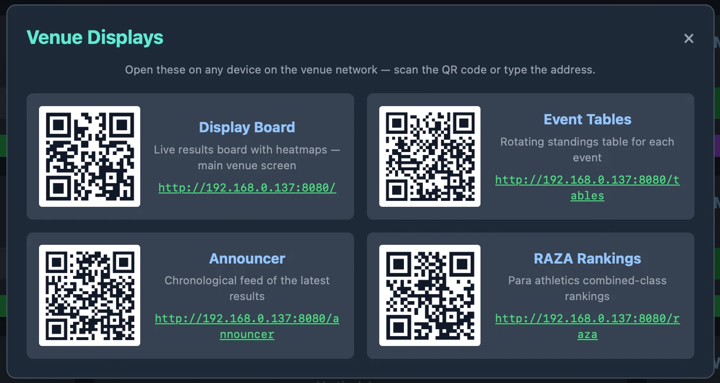 Venue Displays panel with a QR code and link for the display board, event tables, announcer and RAZA rankings