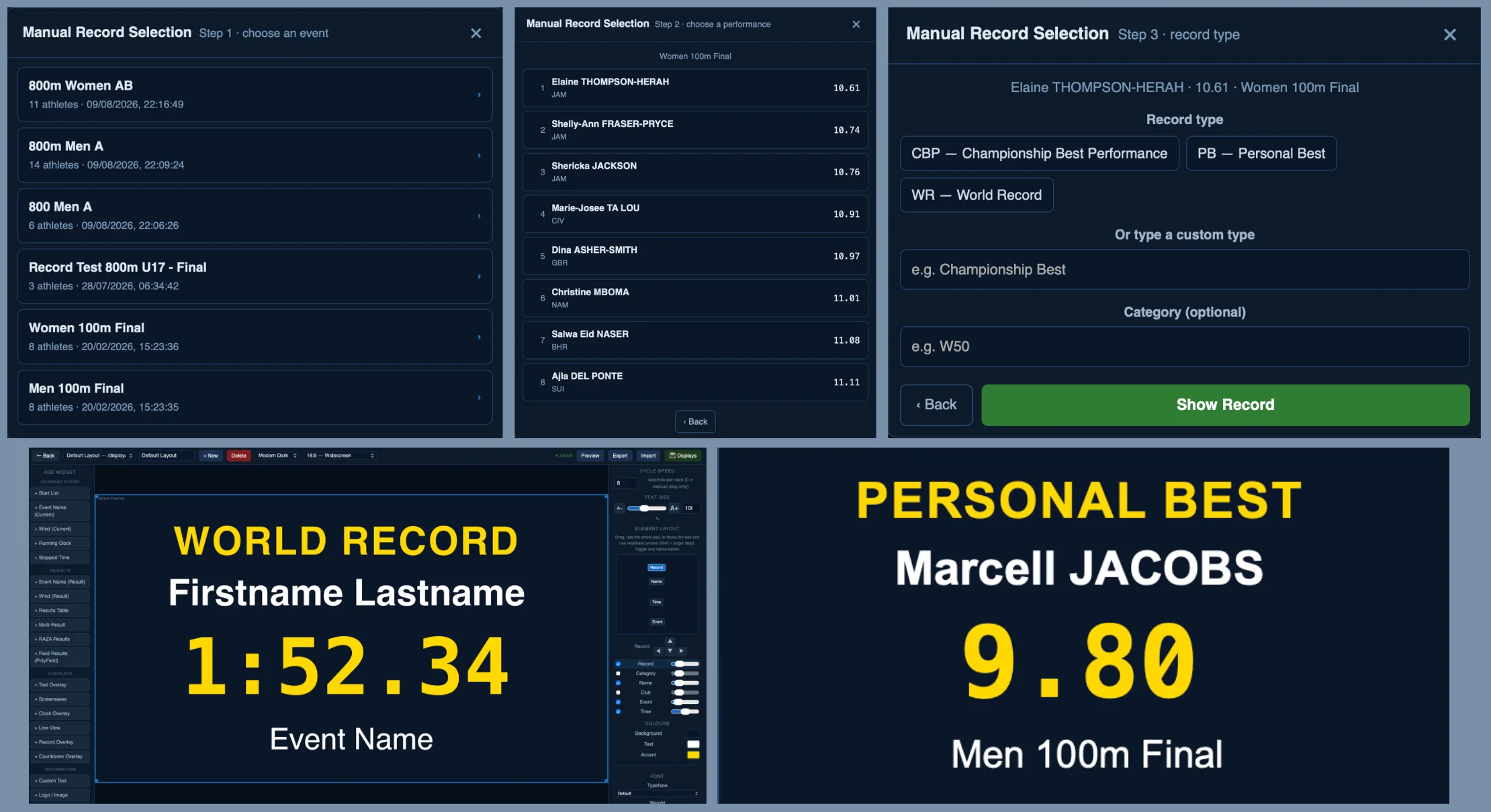 Record cards: a world record card reading 1:52.34 and a personal best card for Marcell Jacobs, 9.80 in the men's 100 m final